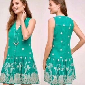 618-Beautiful teal blue embroidered dress with white floral embroidery